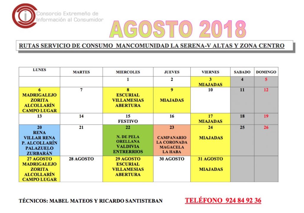 Oficina de Consumo – calendario agosto 2018