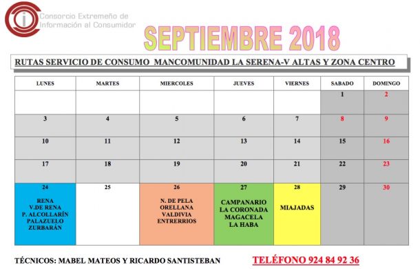 Oficina de Consumo – calendario septiembre 2018