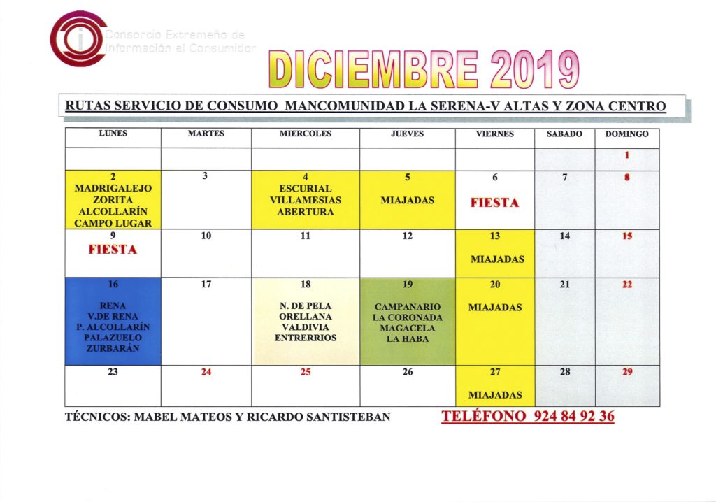 Oficina de Consumo – calendario diciembre 2019