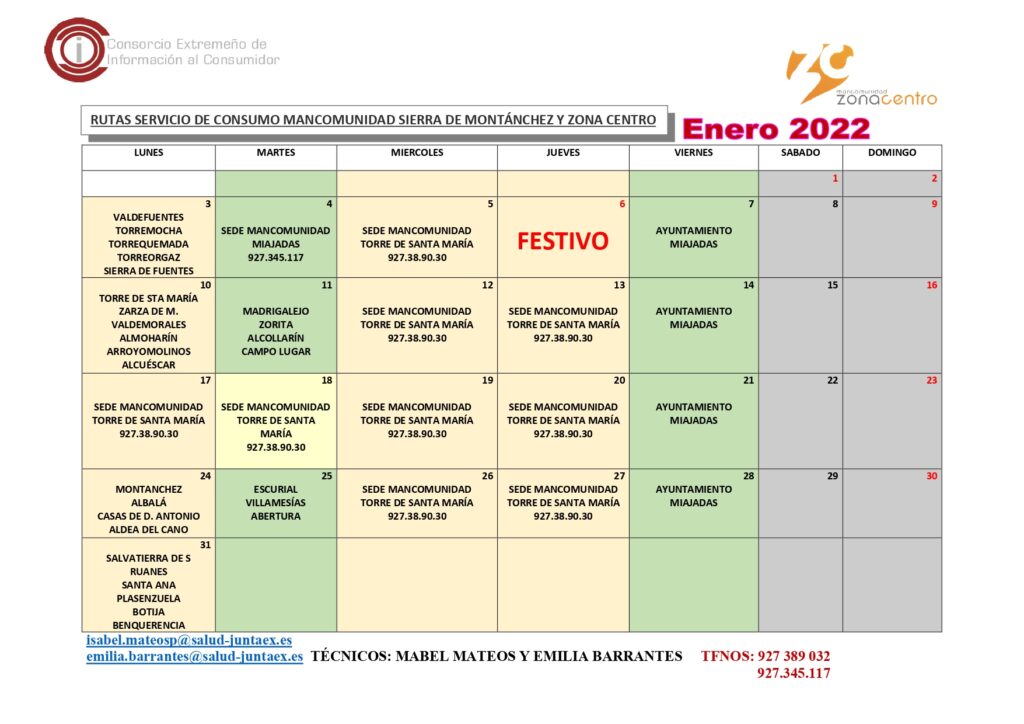 Calendario Rutas ENERO 2022 Actualizacion